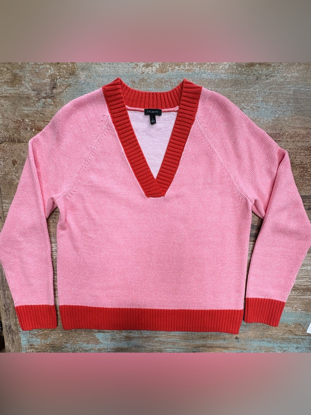 Talbots Pink V-Neck Sweater with Red Trim Accents